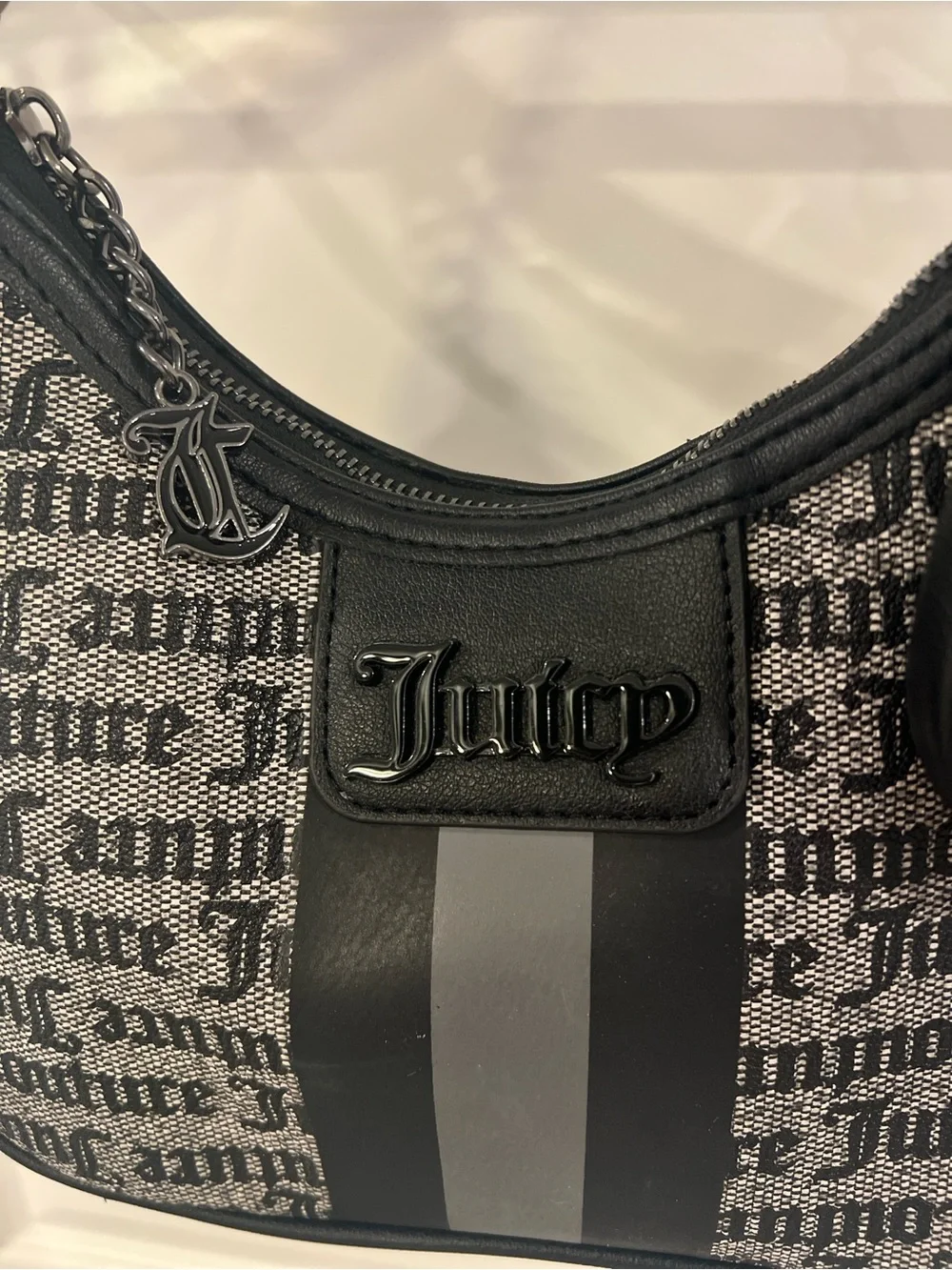 Juicy Couture Black Logo Jacquard Shoulder Bag with Detachable Pouch